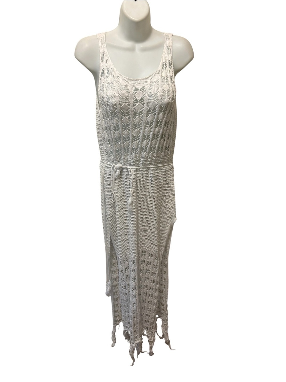 Boutique Crochet Beachy Maxi Dress Sz M Tied Waist Swim Cover Summer Boho